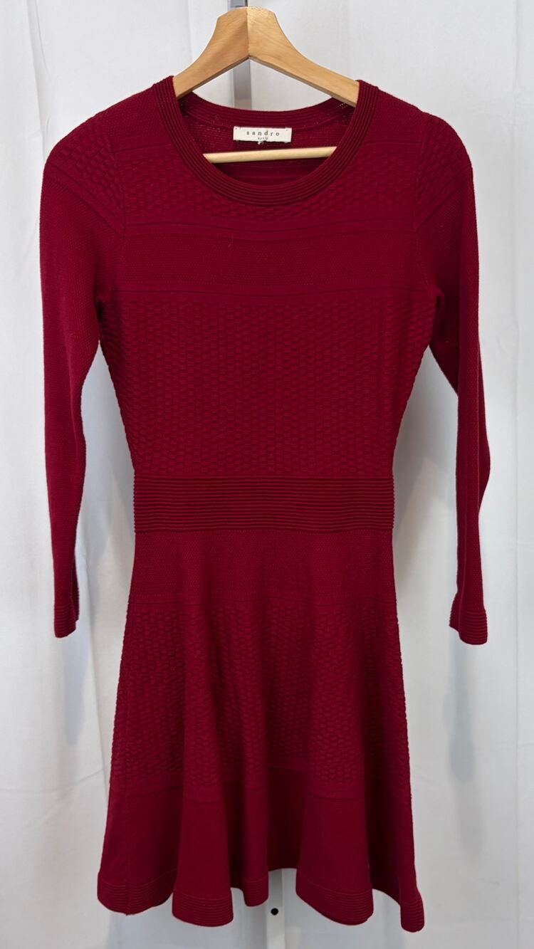 SANDRO Paris Rolly Textured Skater Dress Long Sleeve Above Knee Red Estimated XS